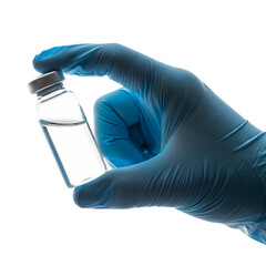 Hand in blue glove holding a clear glass vial with liquid isolated on white