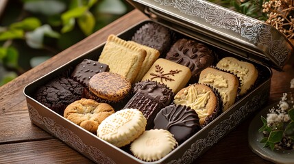 50. Display of assorted cookies in a tin box with doily lining