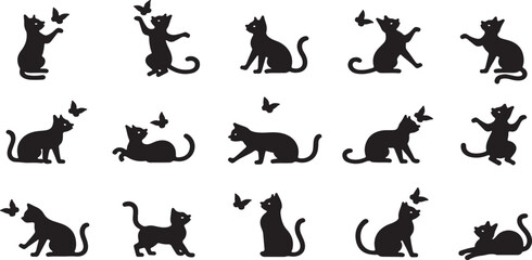 A vector illustration set of black animal silhouettes featuring common pets like cats, dogs, and rabbits, alongside other mammals