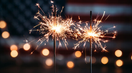 Sparklers with american flag background. Happy 4th of July concept