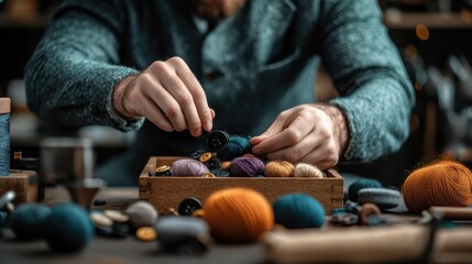 A craftsman meticulously organizes colorful threads and buttons on a vintage wooden table, showcasing the art of sewing and the beauty of handmade creations.