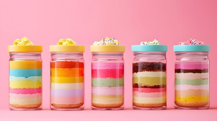 56. Product layout of cake jars with clear labels and colorful layers