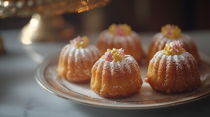 59. Side shot of mini bundt cakes on a plate with soft lighting