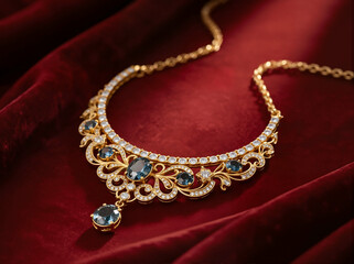 A magnificent gold necklace adorned with intricate filigree, shimmering diamonds, and captivating blue topaz gemstones, elegantly displayed on a luxurious deep red velvet background.
