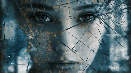 Young woman face reflected in brocken mirror