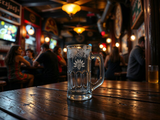 Empty glass beer mug on a wooden table in a cozy bar with blurred background lights, perfect for beverage or nightlife themes. Generative AI
