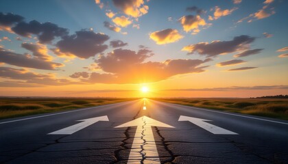 Asphalt road with two arrows at sunset sky background. Business concept
