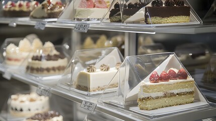 66. Retail display of cake slices in clear triangular containers