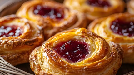 67. Macro image of flaky danish pastry with visible fruit center