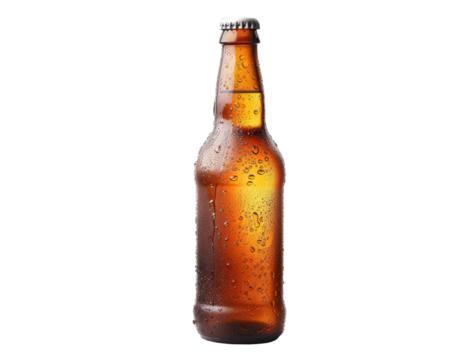 brown bottle of beer with fresh water drops isolated on white or transparent png