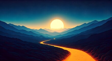 Beautiful mountains landscape at sunset. 3d rendering. Computer digital drawing.