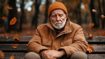 A poignant scene featuring a sad elderly man sitting on a park bench, reflecting on his thoughts amidst falling autumn leaves, embodying feelings of loneliness and nostalgia.