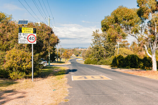 School zone traffic signs with 40kmh speed limit in small regional town