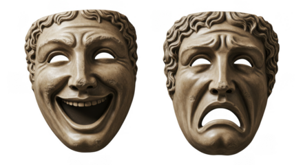 Antique Stone Theater Masks Drama Comedy Tragedy on Transparent Background