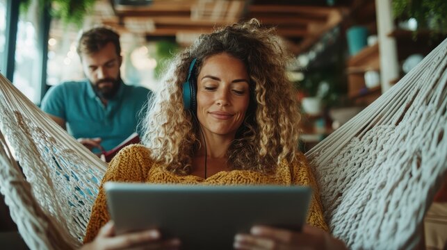 A relaxed woman with curly hair enjoys her tablet while lounging in a cozy hammock at a café, reflecting a peaceful lifestyle filled with comfort and leisure. - Powered by Adobe