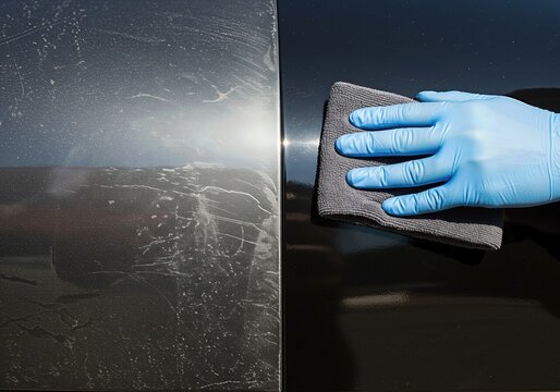 Before and after car paint correction. Removing scratches and restoring a glossy finish on a vehicle door.