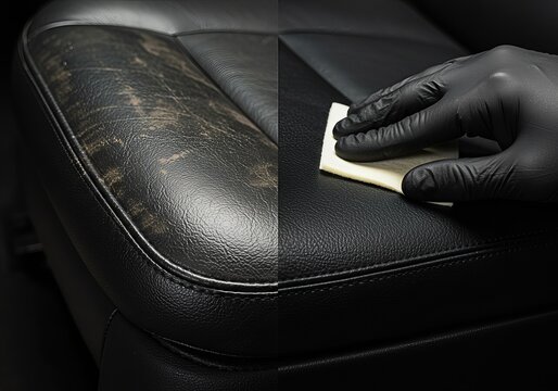 Before and after leather car seat restoration. Cleaning and conditioning worn vehicle upholstery. - Powered by Adobe