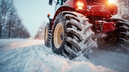 A striking image of a bright red tractor making its way through a snowy landscape, capturing the essence of rural life and resilience in winter conditions.