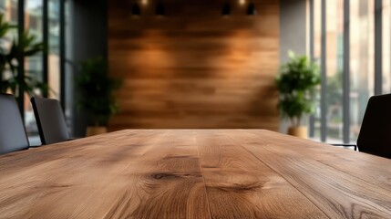 A stunning, polished wooden conference table situated in a contemporary office space, reflecting professionalism and sophistication in a collaborative work environment.