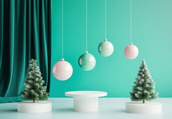 Pastel Christmas Decorations And Winter Trees On Simple Display