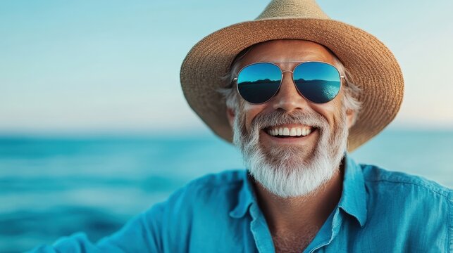 A cheerful senior man wearing sunglasses and a straw hat smiles widely, enjoying a relaxing day at the beach, embodying the joy of life and leisure by the ocean.