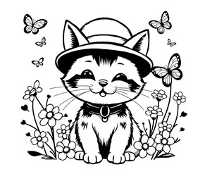 Cute Cartoon Cat in Hat with Butterflies and Flowers Coloring Page