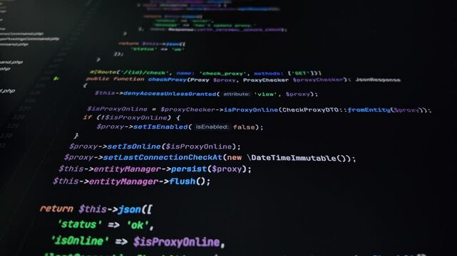 Vibrant programming code featuring syntax highlighting displayed on a dark screen, symbolizing active software development and intricate backend API processing