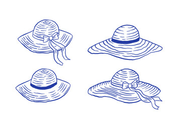 Hand draw women's summer hat with bow vector illustration. Beach headgear set on white background