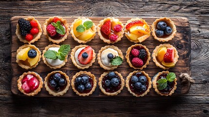 1. Overhead shot of assorted mini tarts with fruit toppings arranged on a rustic wooden board