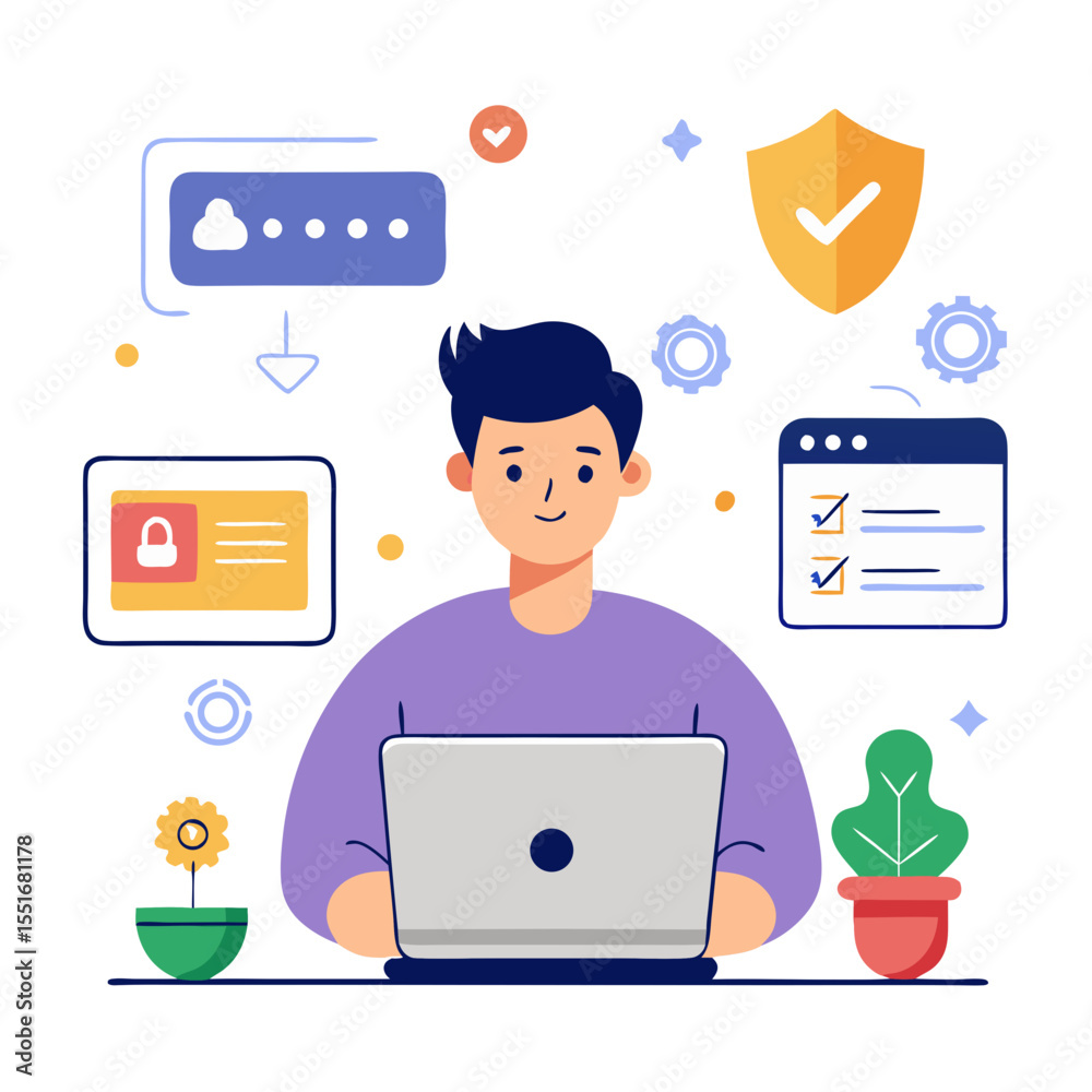 Aufkleber Password secure login access concept Authentication verification code Person using laptop protecting personal data modern flat design simple vector illustration isolated transparent background;