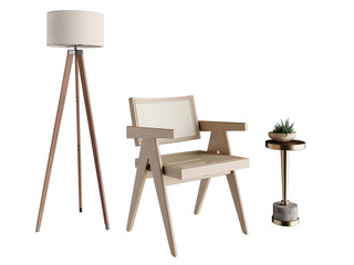 Furniture Set Cutout PNG – Lounge Chair with Rattan Backrest, Tripod Floor Lamp, and Side Table...