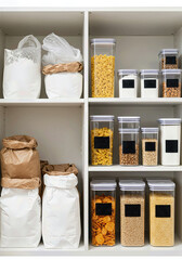 Pantry Organization Before and After: A Messy, Cluttered Cabinet Transformed into a Tidy, Organized Kitchen Storage System with Labeled Food Containers.