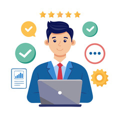 Quality assurance concept Efficiency guarantee development reliability standard feedback satisfaction and service Businessman using laptop with quality assurance icons modern flat design simple