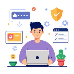 Password secure login access concept Authentication verification code Person using laptop protecting personal data modern flat design simple vector illustration isolated transparent background;