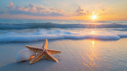A serene beach scene at sunrise adorned with a starfish and seashell on sandy shore accompanied . generative ai