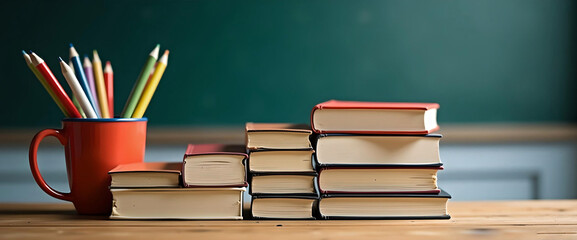 steps from textbooks, a symbol of development, cups with pencils and pens on the sides in the foreground, everything stands on a school groan