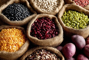Fototapeta premium Colorful Assortment of Dried Legumes and Beans in Rustic Burlap Bags on a Wooden Surface with Fresh Potatoes Nearby