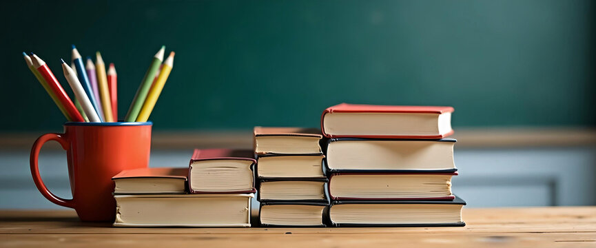 steps from textbooks, a symbol of development, cups with pencils and pens on the sides in the foreground, everything stands on a school groan