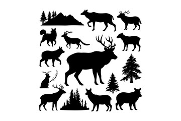 Obraz premium Silhouette collection of wild and farm animals in black vector style
