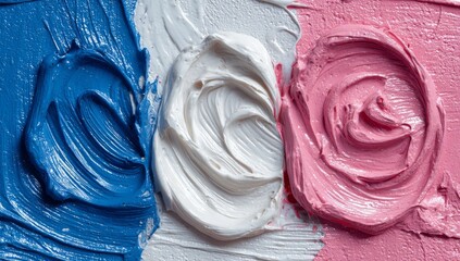 Relief painting of a vibrant rose flower in red, blue, and white hues