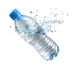 Water bottle with blue cap and splashing water against a white background view