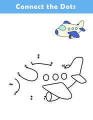 Dot to Dot Worksheet for Kids. Connect the dots to draw a cute airplane . Illustration of Airplane. Coloring page.	
