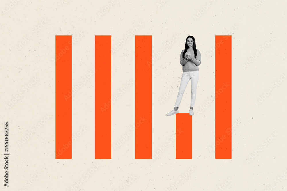 Aufkleber banner template collage of person use smartphone in column graphs over pastel red background