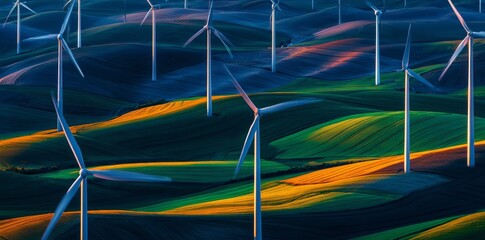 Wind energy is harnessed by turbines in vast green fields, forming a picturesque rural landscape viewed from above, representing a future reliant on sustainable and renewable energy