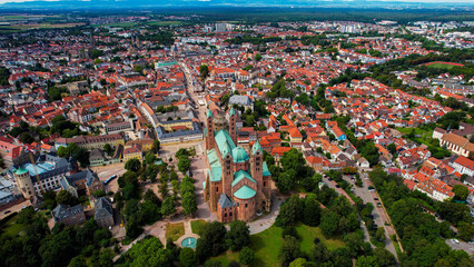 Aerial panorama view above the old town of the city Speyer in Germany on a sunny noon in spring