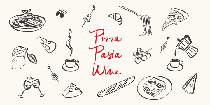 Whimsical italian food doodles. Whimsical icons of Italian food in simple crayon and sketch style. Trendy art for menus and dinner brunch invitations. Vintage vector illustration