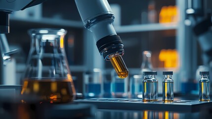 Laboratory Microscope with Test Tubes and Vials Filled with Liquid
