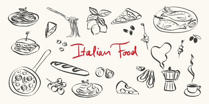 Whimsical italian food doodles. Whimsical icons of Italian food in simple crayon and sketch style. Trendy art for menus and dinner brunch invitations. La dolce vita vector illustration