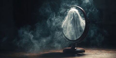Eerie Ghostly Reflection in a Dark, Smoky Mirror Scene