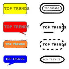 Colorful “Top Trends” Badge Icons – Vector Labels, Speech Bubbles & Frames